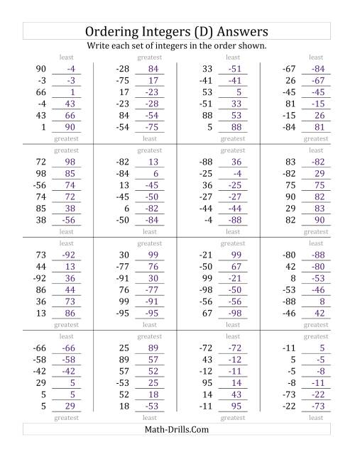 The Ordering Integers (Range -99 to 99) (D) Math Worksheet Page 2