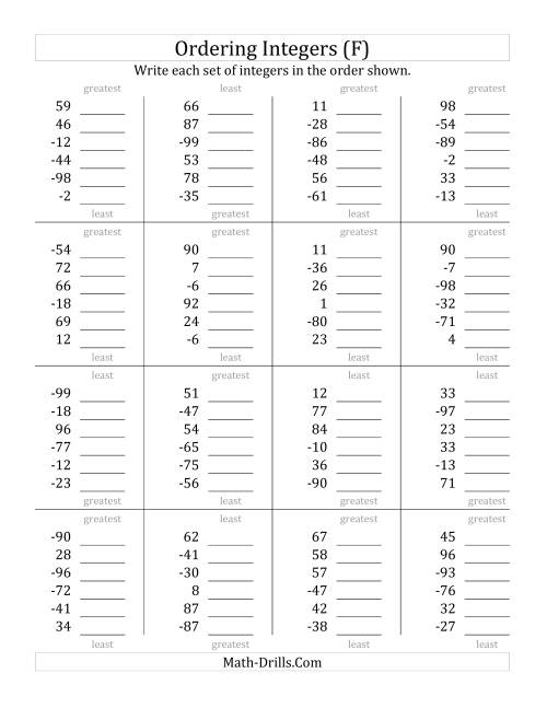 The Ordering Integers (Range -99 to 99) (F) Math Worksheet