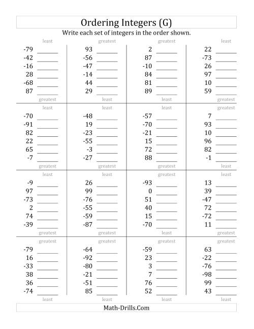 The Ordering Integers (Range -99 to 99) (G) Math Worksheet