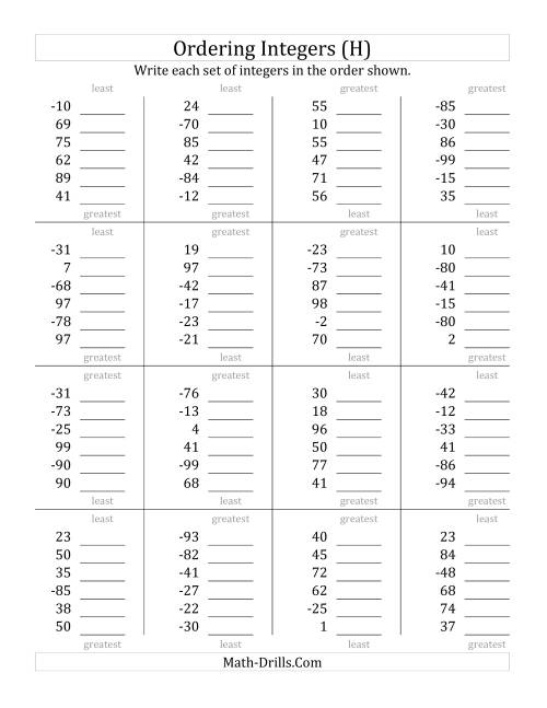 The Ordering Integers (Range -99 to 99) (H) Math Worksheet
