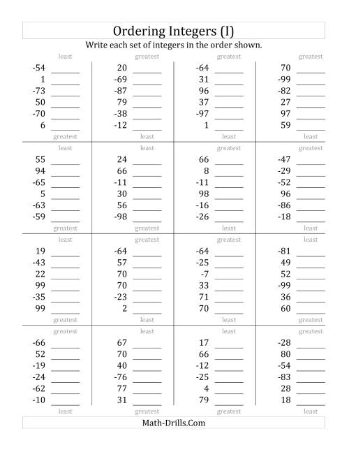 The Ordering Integers (Range -99 to 99) (I) Math Worksheet