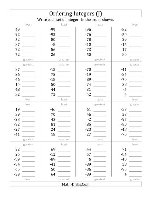The Ordering Integers (Range -99 to 99) (J) Math Worksheet