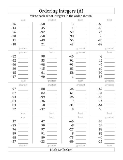 The Ordering Integers (Range -99 to 99) (All) Math Worksheet