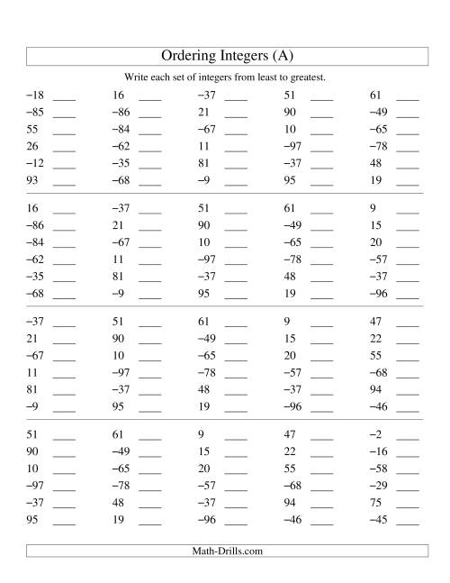 The Ordering Integers (Range -99 to 99) (Old) Math Worksheet