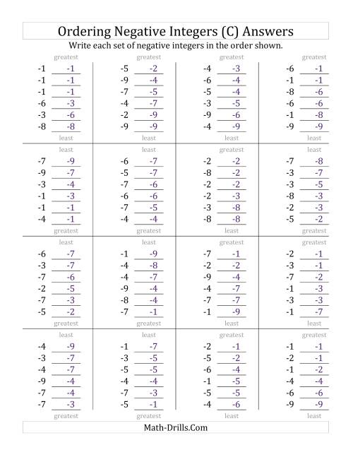 The Ordering Negative Integers (Range -9 to -1) (C) Math Worksheet Page 2