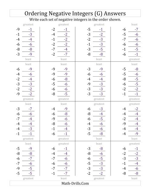 The Ordering Negative Integers (Range -9 to -1) (G) Math Worksheet Page 2