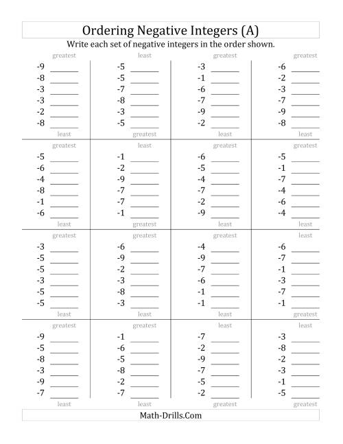The Ordering Negative Integers (Range -9 to -1) (All) Math Worksheet