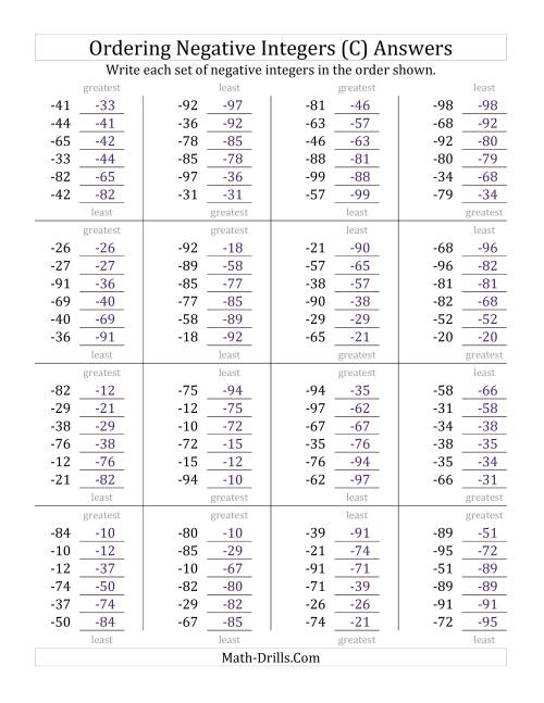 The Ordering Negative Integers (Range -99 to -10) (C) Math Worksheet Page 2