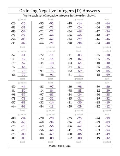 The Ordering Negative Integers (Range -99 to -10) (D) Math Worksheet Page 2