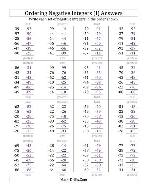The Ordering Negative Integers (Range -99 to -10) (I) Math Worksheet Page 2