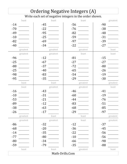 The Ordering Negative Integers (Range -99 to -10) (All) Math Worksheet