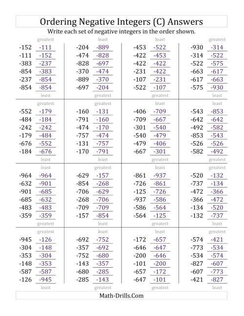 The Ordering Negative Integers (Range -999 to -100) (C) Math Worksheet Page 2