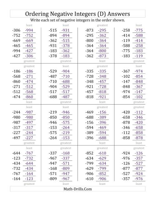 The Ordering Negative Integers (Range -999 to -100) (D) Math Worksheet Page 2