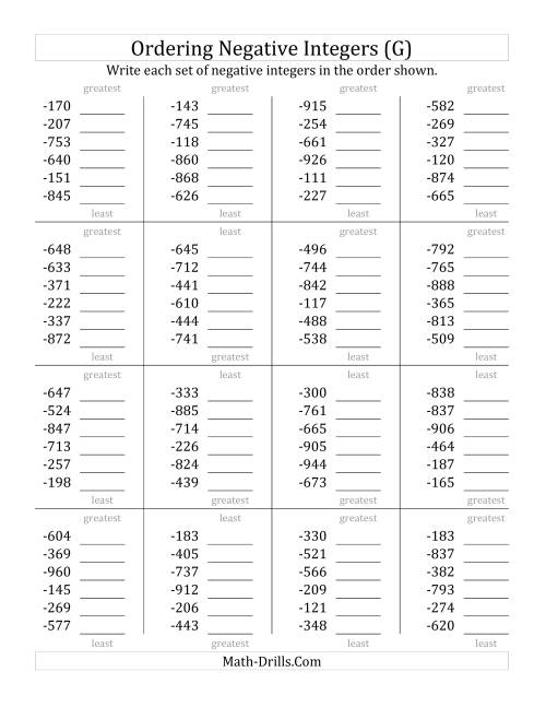 The Ordering Negative Integers (Range -999 to -100) (G) Math Worksheet