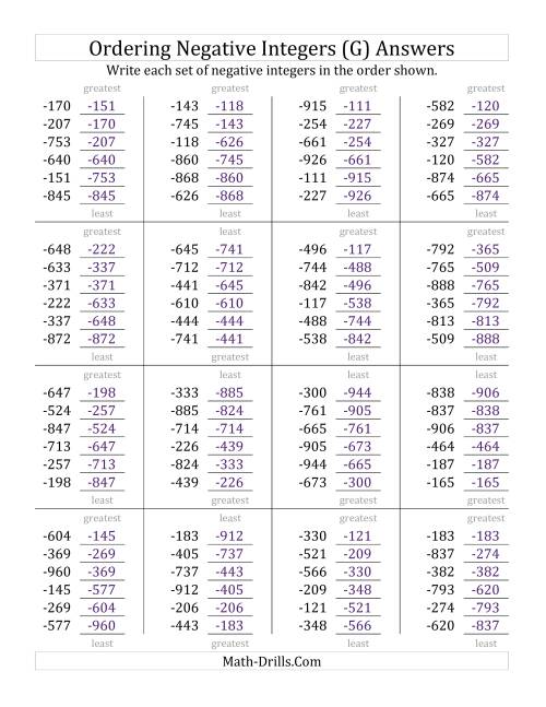 The Ordering Negative Integers (Range -999 to -100) (G) Math Worksheet Page 2