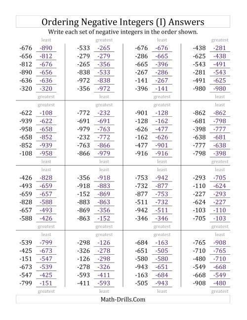 The Ordering Negative Integers (Range -999 to -100) (I) Math Worksheet Page 2