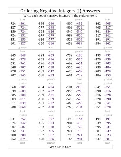 The Ordering Negative Integers (Range -999 to -100) (J) Math Worksheet Page 2