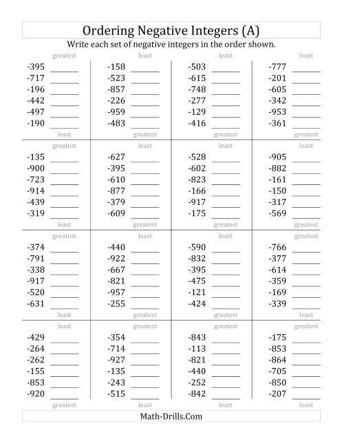 The Ordering Negative Integers (Range -999 to -100) (All) Math Worksheet