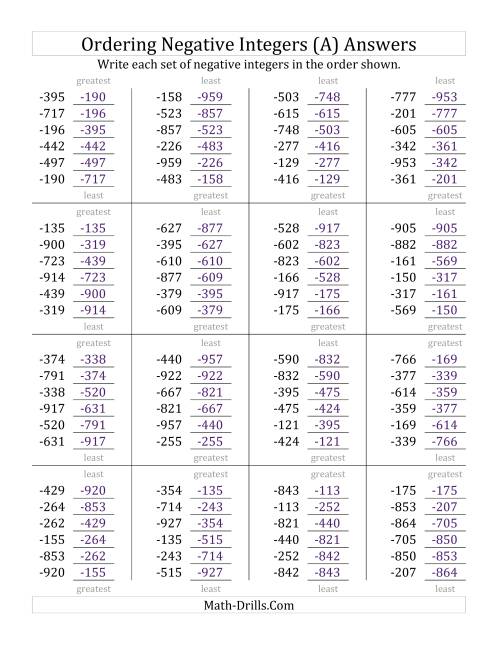 The Ordering Negative Integers (Range -999 to -100) (All) Math Worksheet Page 2