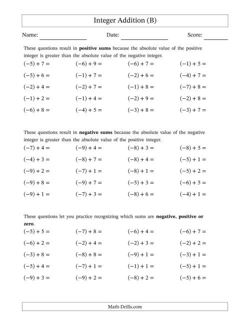 The Scaffolded Negative Plus Positive Integer Addition (B) Math Worksheet
