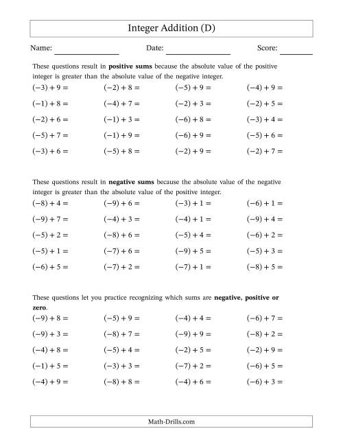 The Scaffolded Negative Plus Positive Integer Addition (D) Math Worksheet