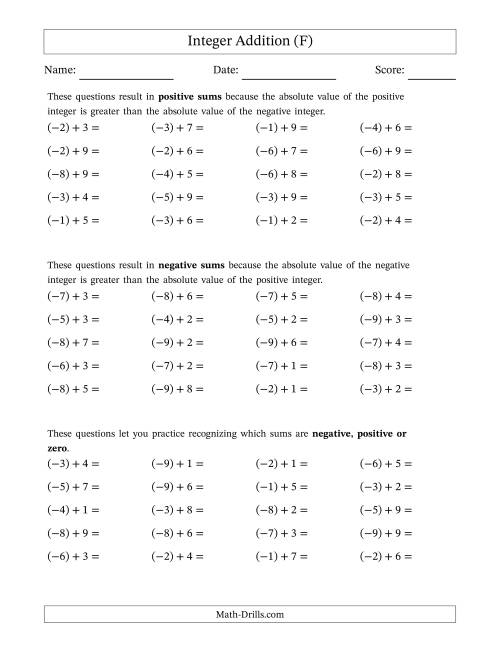The Scaffolded Negative Plus Positive Integer Addition (F) Math Worksheet