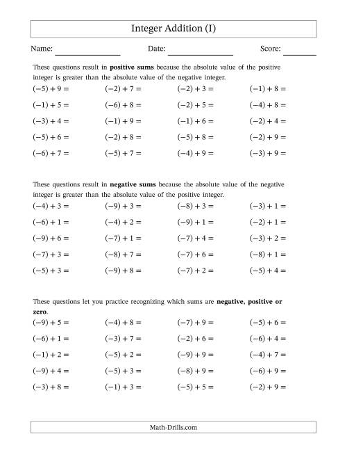 The Scaffolded Negative Plus Positive Integer Addition (I) Math Worksheet