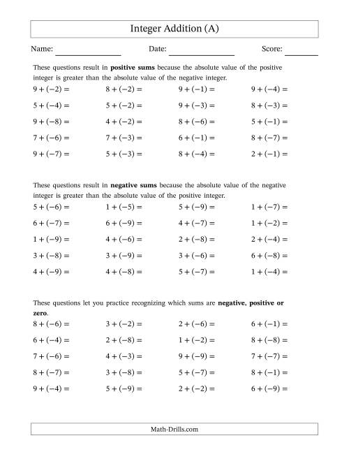 The Positive Plus a Negative Integer Addition (Scaffolded) Range 1 to 9 (A) Math Worksheet