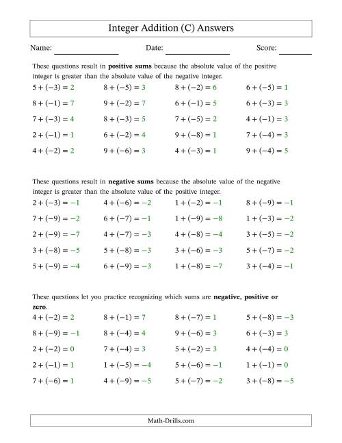 The Scaffolded Positive Plus Negative Integer Addition (C) Math Worksheet Page 2