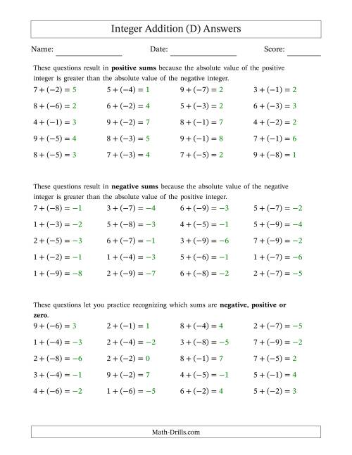 The Scaffolded Positive Plus Negative Integer Addition (D) Math Worksheet Page 2