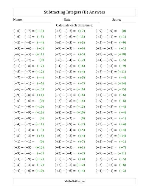 The Subtracting Mixed Integers from -9 to 9 (75 Questions; All Parentheses) (B) Math Worksheet Page 2