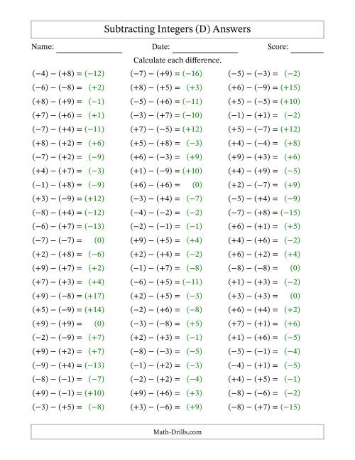 The Subtracting Mixed Integers from -9 to 9 (75 Questions; All Parentheses) (D) Math Worksheet Page 2