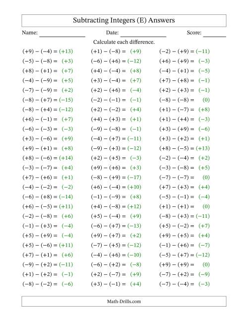 The Subtracting Integers from (-9) to (+9) (All Numbers in Parentheses) (E) Math Worksheet Page 2