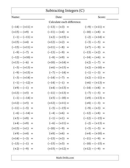 The Subtracting Mixed Integers from -15 to 15 (75 Questions; All Parentheses) (C) Math Worksheet