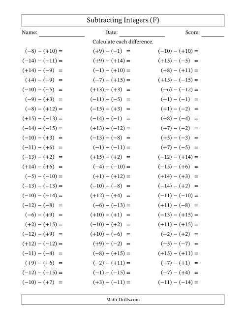 The Subtracting Mixed Integers from -15 to 15 (75 Questions; All Parentheses) (F) Math Worksheet