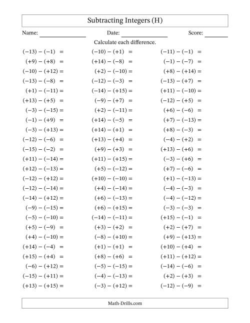 The Subtracting Integers from (-15) to (+15) (All Numbers in Parentheses) (H) Math Worksheet