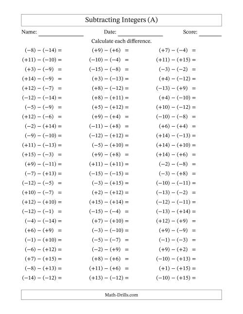 The Subtracting Mixed Integers from -15 to 15 (75 Questions; All Parentheses) (All) Math Worksheet
