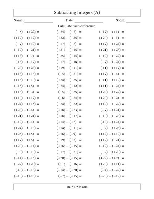 The Subtracting Integers from (-25) to (+25) (All Numbers in Parentheses) (A) Math Worksheet