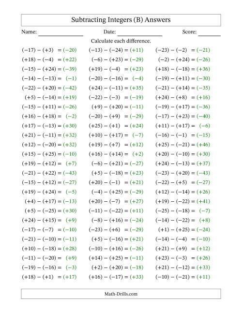The Subtracting Mixed Integers from -25 to 25 (75 Questions; All Parentheses) (B) Math Worksheet Page 2