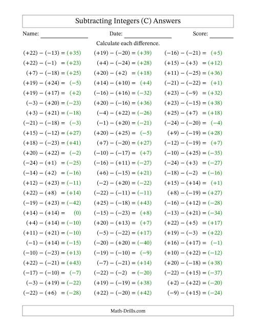 The Subtracting Mixed Integers from -25 to 25 (75 Questions; All Parentheses) (C) Math Worksheet Page 2