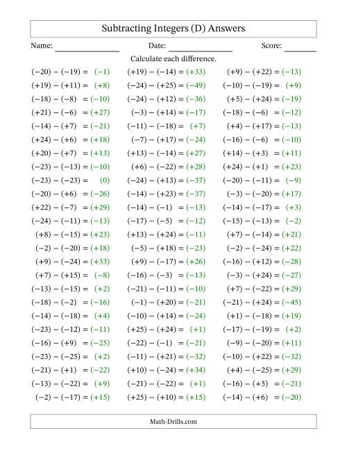 The Subtracting Mixed Integers from -25 to 25 (75 Questions; All Parentheses) (D) Math Worksheet Page 2