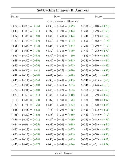 The Subtracting Integers from (-50) to (+50) (All Numbers in Parentheses) (B) Math Worksheet Page 2