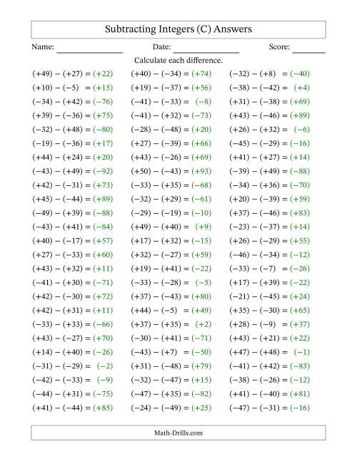 The Subtracting Mixed Integers from -50 to 50 (75 Questions; All Parentheses) (C) Math Worksheet Page 2