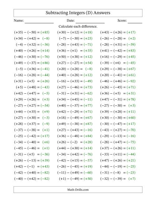The Subtracting Integers from (-50) to (+50) (All Numbers in Parentheses) (D) Math Worksheet Page 2