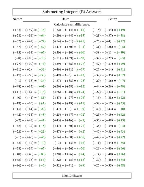 The Subtracting Integers from (-50) to (+50) (All Numbers in Parentheses) (E) Math Worksheet Page 2