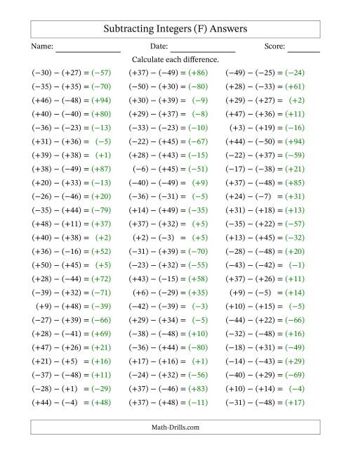 The Subtracting Integers from (-50) to (+50) (All Numbers in Parentheses) (F) Math Worksheet Page 2