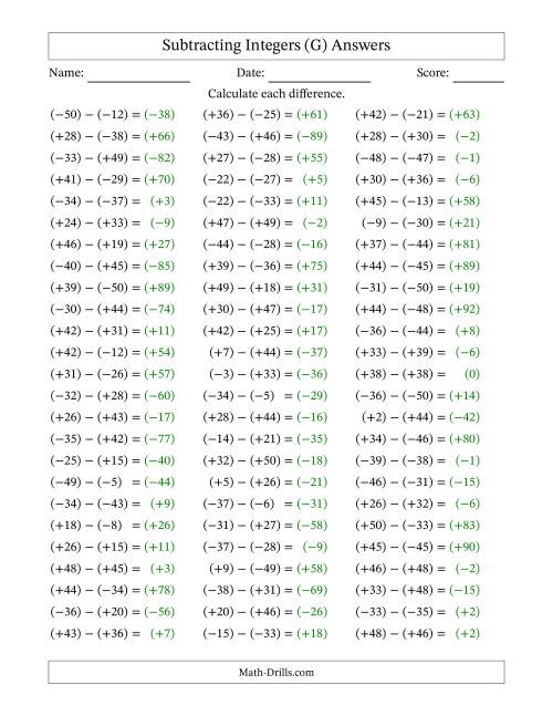 The Subtracting Mixed Integers from -50 to 50 (75 Questions; All Parentheses) (G) Math Worksheet Page 2