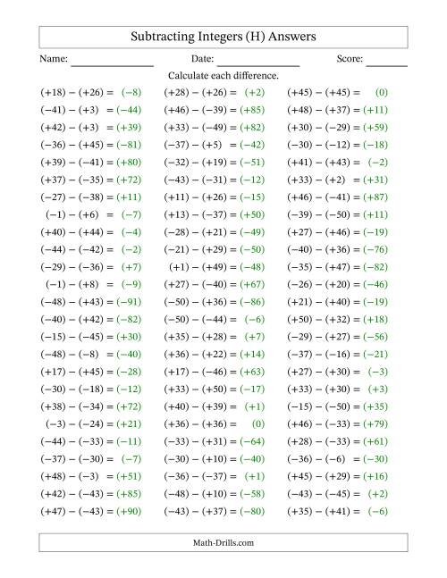 The Subtracting Integers from (-50) to (+50) (All Numbers in Parentheses) (H) Math Worksheet Page 2