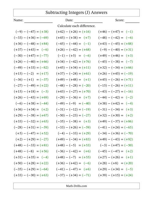 The Subtracting Integers from (-50) to (+50) (All Numbers in Parentheses) (J) Math Worksheet Page 2