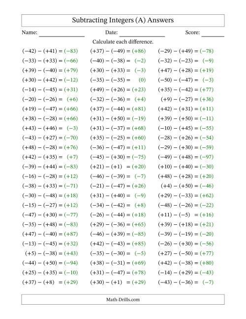 The Subtracting Integers from (-50) to (+50) (All Numbers in Parentheses) (All) Math Worksheet Page 2